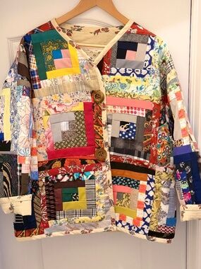 Handmade patchwork quilt jacket made by Canadian dressmaker Nadia. Bykova.
